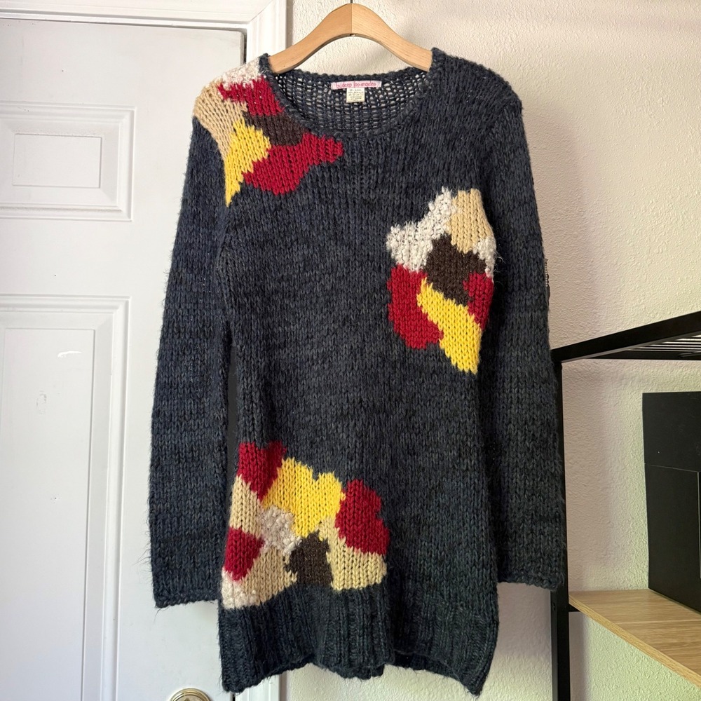BY DEEP LOS ANGELES charcoal wool blend floral open crochet mini sweater dress